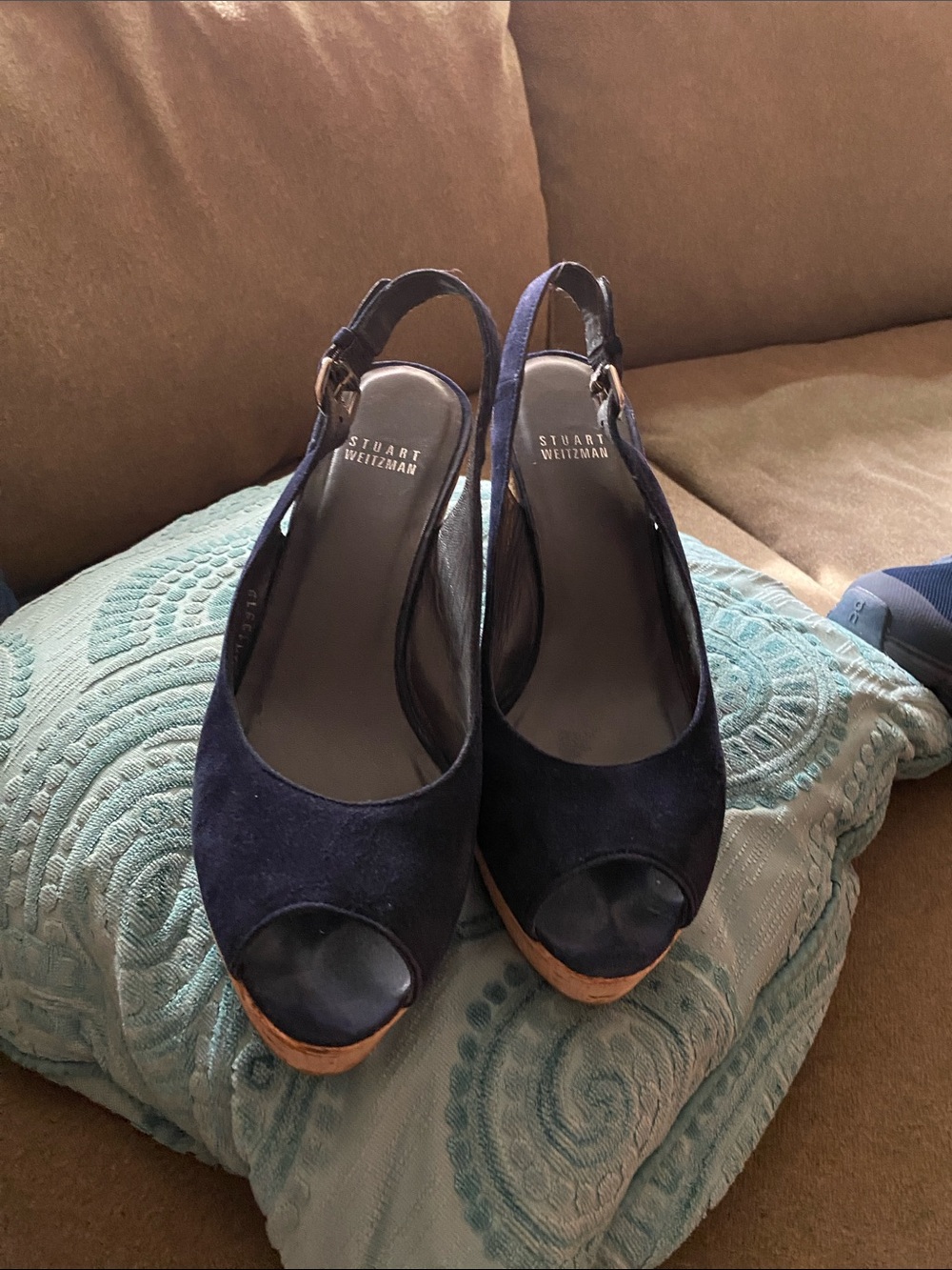 Stuart Weitzman Navy Suede Peep-Toe Slingback Wedges with Cork Platform